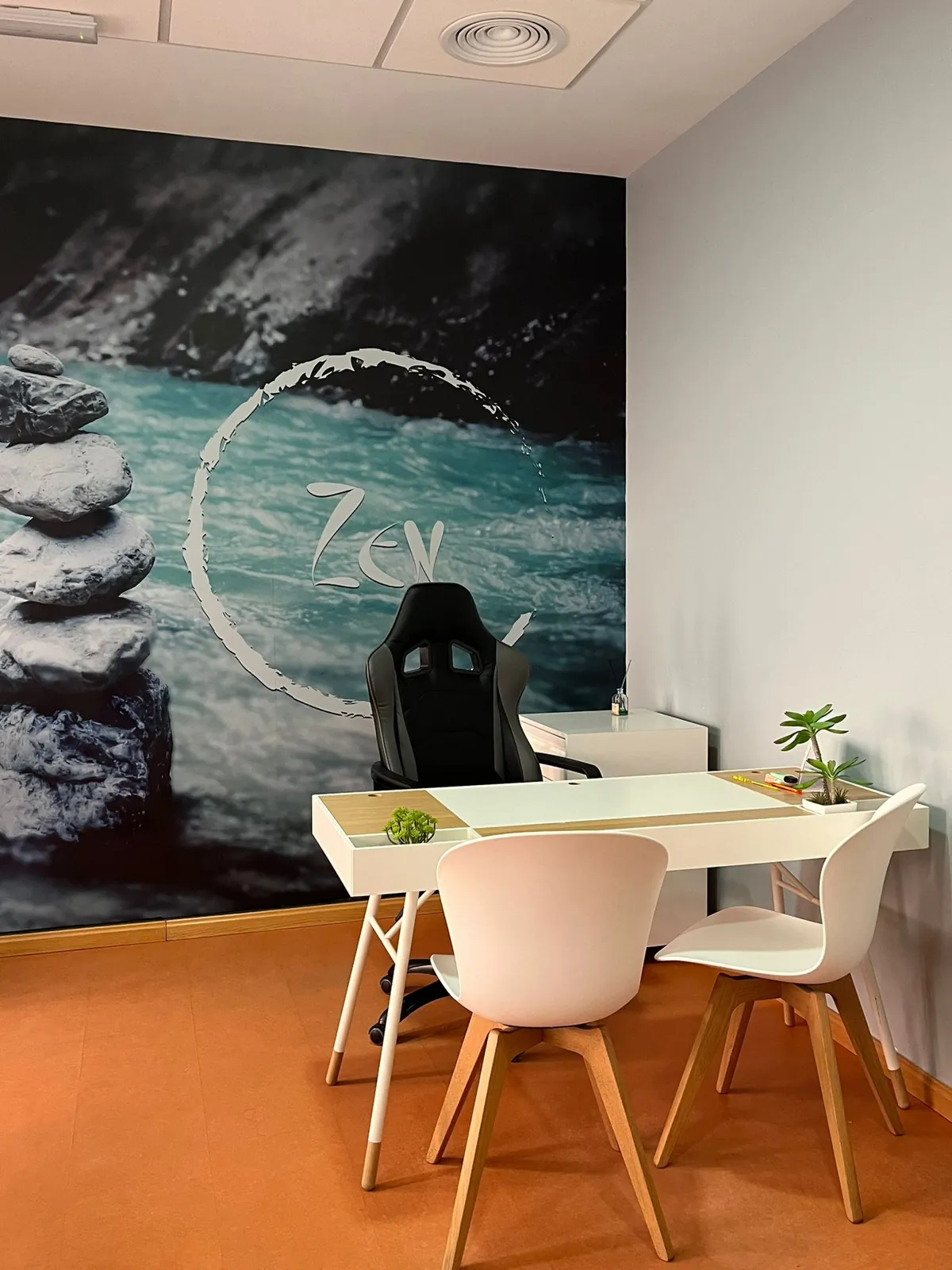 Consulta zen con mural de río y piedras