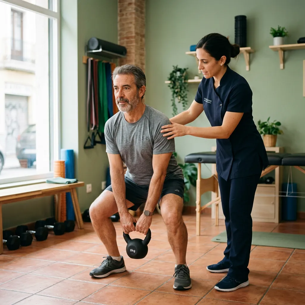 Paciente entrenando fuerza con una pesa rusa supervisado por una fisioterapeuta