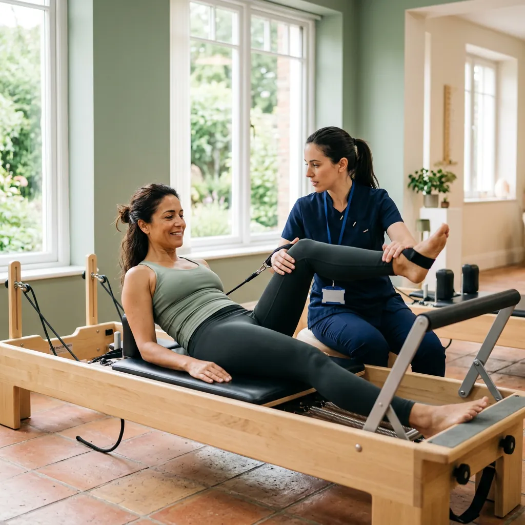 Paciente haciendo pilates en máquina reformer guiada por una fisioterapeuta