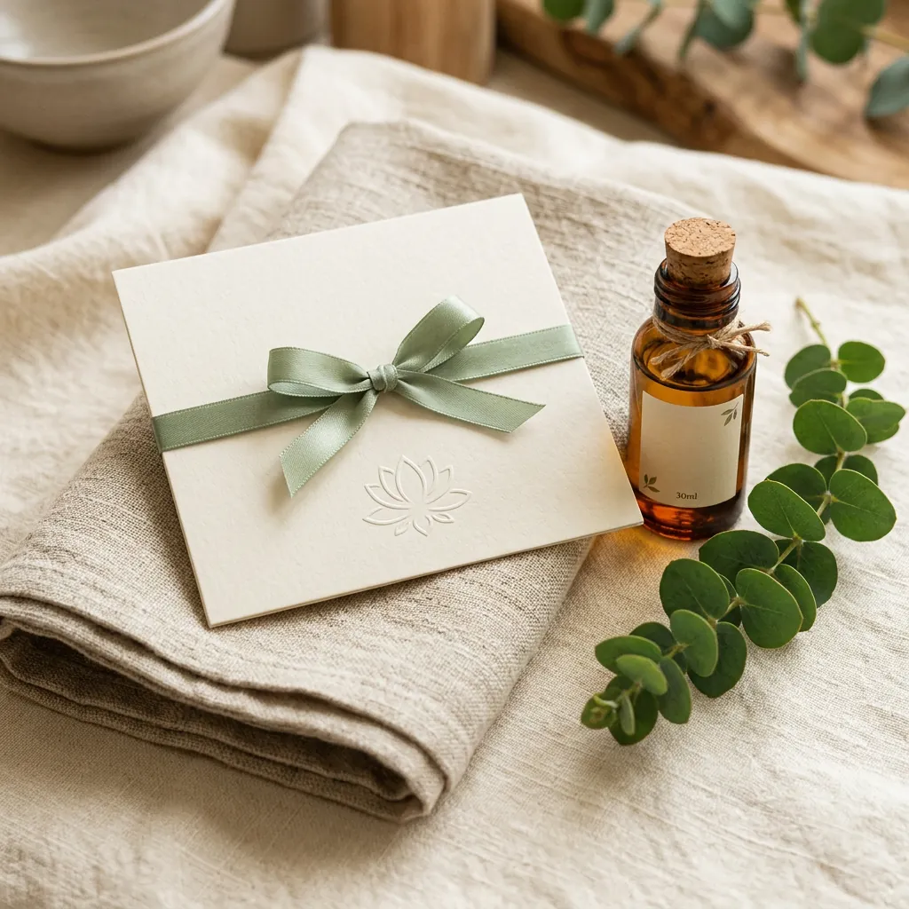 Tarjeta regalo del centro con lazo verde y aceite de masaje